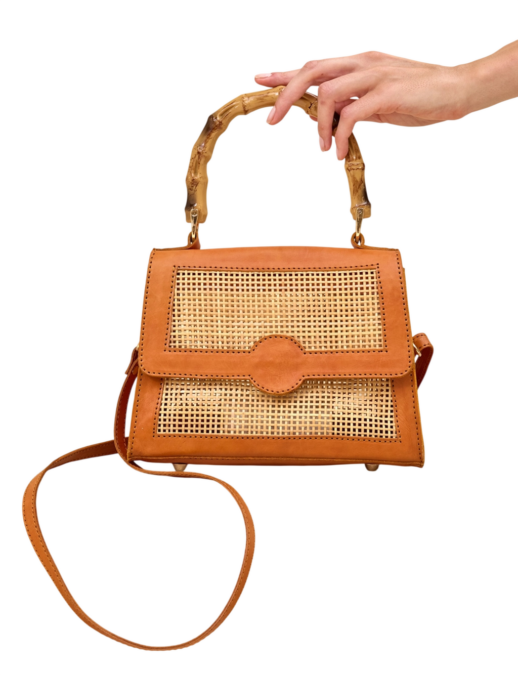 Mayyan Bamboo Handle Handbag, Tan Leather