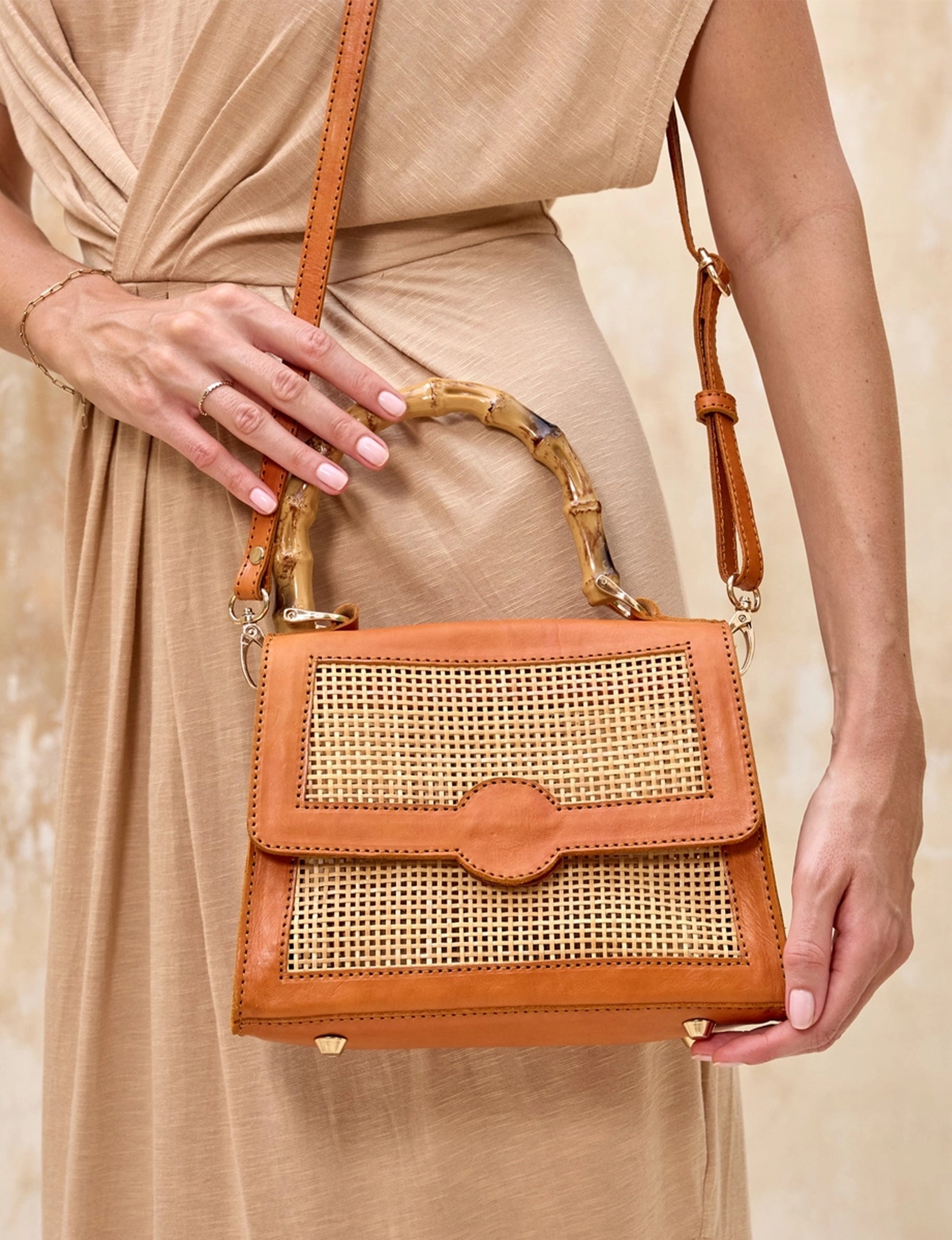 Mayyan Bamboo Handle Handbag, Tan Leather